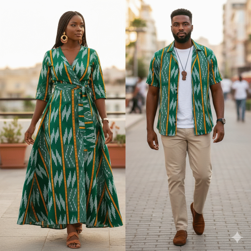 Pagne kita "Rythme de la Forêt" - Vert Émeraude et Orange Solaire