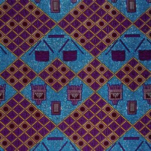 Tissu en wax africain avec motifs traditionnels colorés en violet, bleu et or, représentation de l'artisanat et de la culture africaine.